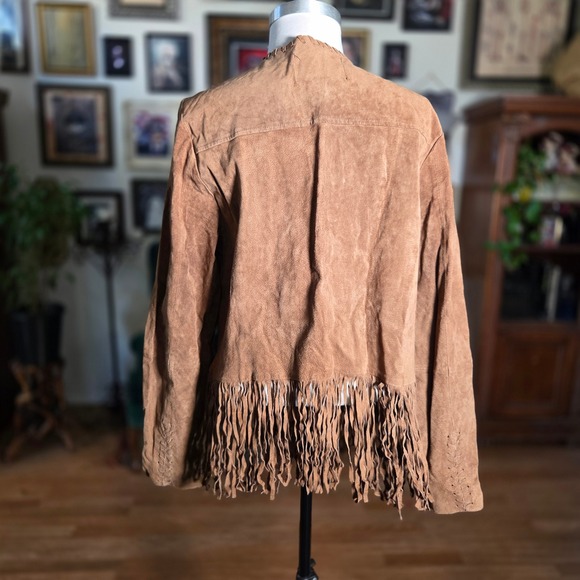 Forever 21 Plus Brown Pigskin Leather Fringe Jacket Western Open Front Womens - Picture 4 of 8